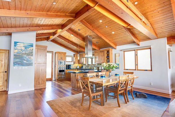Dining room, Interior, Kitchen, Recessed Lighting, Stainless Steel Appliances, Wooden Beams, Wooden Ceilings, Wood Texture Flooring