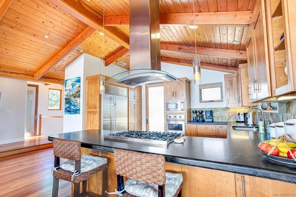 Interior, Kitchen, Recessed Lighting, Stainless Steel Appliances, Wooden Beams, Wooden Ceilings, Wood Texture Flooring