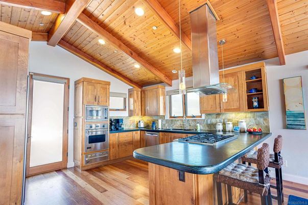 Interior, Kitchen, Pendant Lights, Recessed Lighting, Stainless Steel Appliances, Wooden Beams, Wooden Ceilings, Wood Texture Flooring