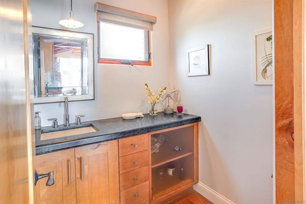 Bathroom, Dual Sink Vanities, Interior, Pendant Lights, Wood Texture Flooring