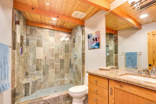 Bathroom, Glass Shower, Interior, Recessed Lighting, Wooden Beams, Wooden Ceilings