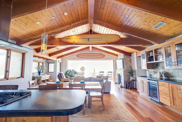 Dining room, Interior, Kitchen, Living room, Recessed Lighting, Stone Walls, Wooden Beams, Wooden Ceilings, Wood Texture Flooring