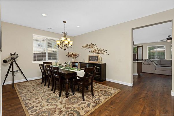 Chandelier, Dining room, Interior, Recessed Lighting, Wood Texture Flooring