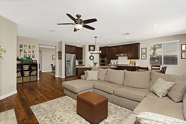 Dining room, Interior, Kitchen, Living room, Pendant Lights, Recessed Lighting, Stainless Steel Appliances, Wood Texture Flooring