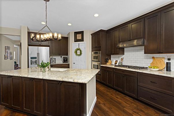 Chandelier, Interior, Kitchen, Recessed Lighting, Stainless Steel Appliances, Wood Texture Flooring