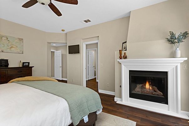 Bedroom, Fireplace, Interior, Wood Texture Flooring