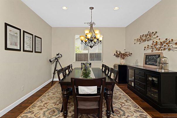 Chandelier, Dining room, Interior, Recessed Lighting, Wood Texture Flooring