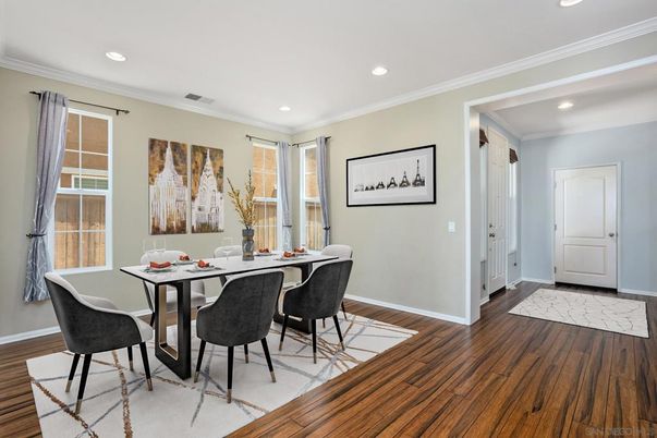Dining room, Interior, Recessed Lighting, Wood Texture Flooring