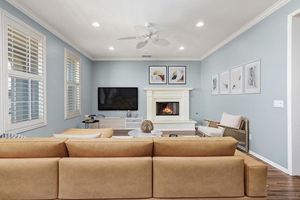 Fireplace, Interior, Living room, Recessed Lighting, Wood Texture Flooring