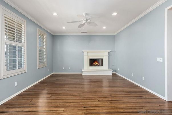 Empty room, Fireplace, Interior, Recessed Lighting, Wood Texture Flooring