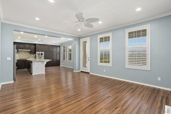 Empty room, Interior, Kitchen, Recessed Lighting, Wood Texture Flooring
