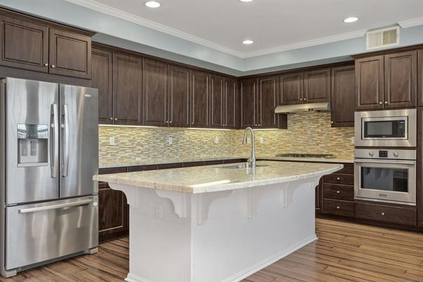 Interior, Kitchen, Recessed Lighting, Stainless Steel Appliances, Wood Texture Flooring