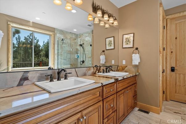 Bathroom, Dual Sink Vanities, Glass Shower, Interior, Recessed Lighting, Tile Countertops