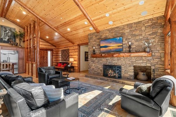 Fireplace, Interior, Living room, Recessed Lighting, Stone Walls, Wooden Beams, Wooden Ceilings, Wooden Walls