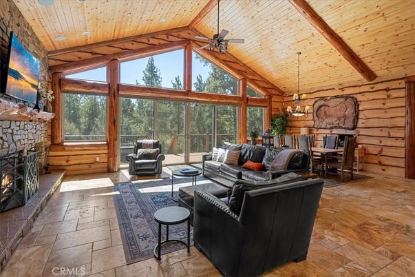 Dining room, Fireplace, Interior, Living room, Pendant Lights, Wooden Beams, Wooden Ceilings, Wooden Walls