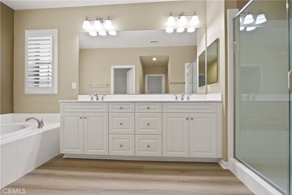 Bathroom, Dual Sink Vanities, Glass Shower, Interior, Wood Texture Flooring