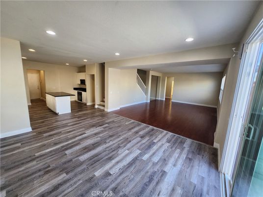 Empty room, Interior, Kitchen, Recessed Lighting, Wood Texture Flooring