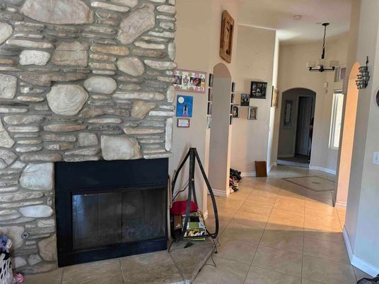 Fireplace, Interior, Pendant Lights, Stone Walls