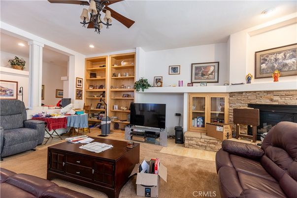 Fireplace, Interior, Living room, Recessed Lighting, Stone Walls