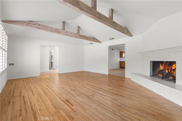 Empty room, Fireplace, Interior, Wooden Beams, Wood Texture Flooring