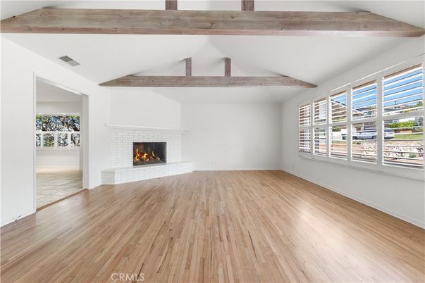Empty room, Fireplace, Interior, Wooden Beams, Wood Texture Flooring