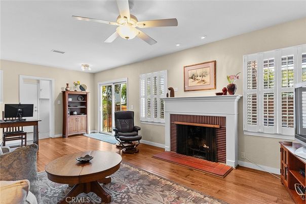 Fireplace, Home Office, Interior, Recessed Lighting, Wood Texture Flooring