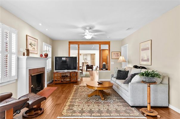 Fireplace, Interior, Living room, Recessed Lighting, Wood Texture Flooring