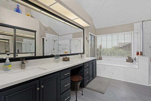 Bathroom, Glass Shower, Interior, Marble Walls, Wood Texture Flooring