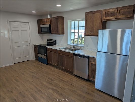 Interior, Kitchen, Recessed Lighting, Stainless Steel Appliances, Wood Texture Flooring