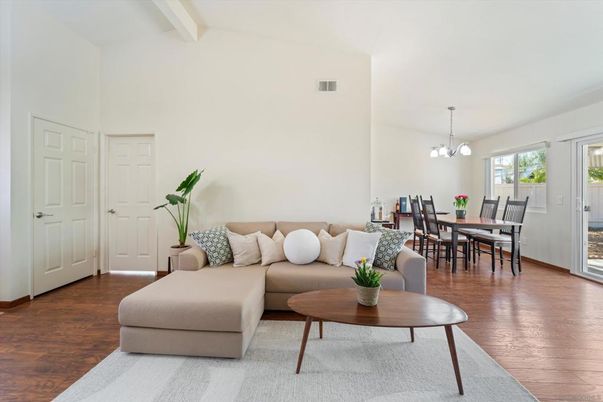 Dining room, Interior, Living room, Pendant Lights, Wood Texture Flooring
