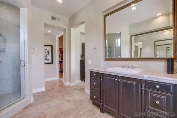 Bathroom, Dual Sink Vanities, Glass Shower, Interior, Recessed Lighting, Tile Countertops