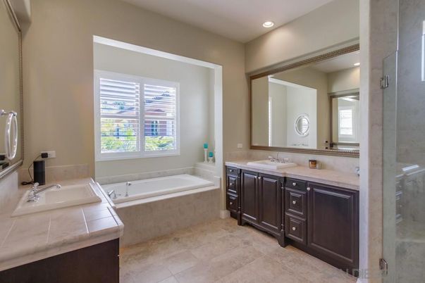 Bathroom, Dual Sink Vanities, Interior, Recessed Lighting, Tile Countertops