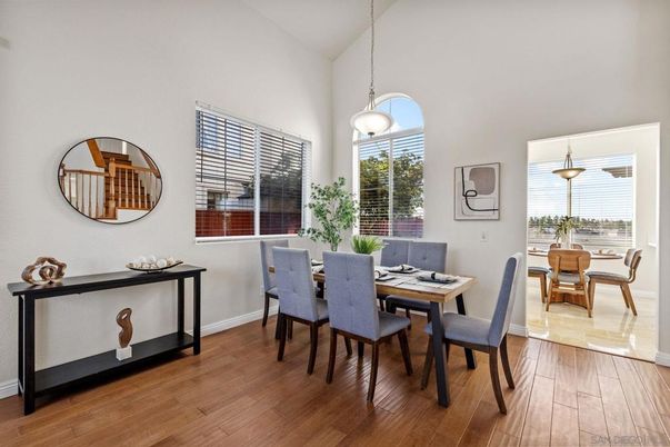 Dining room, Interior, Pendant Lights, Wood Texture Flooring