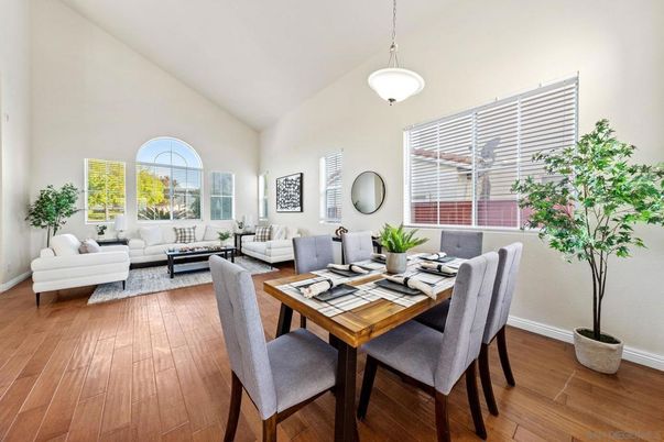 Dining room, Interior, Living room, Pendant Lights, Wood Texture Flooring