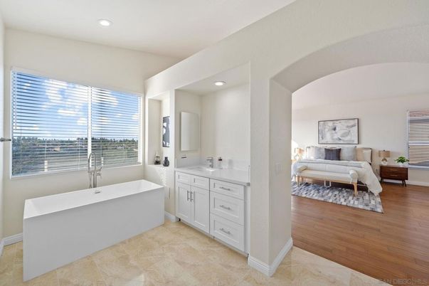 Bathroom, Bedroom, Dual Sink Vanities, Free Standing Baths, Interior, Recessed Lighting, Water, Wood Texture Flooring