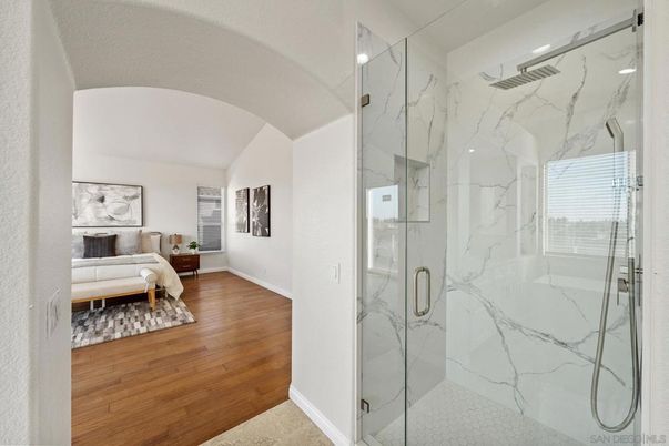 Bathroom, Bedroom, Glass Shower, Interior, Marble Walls, Recessed Lighting, Wood Texture Flooring