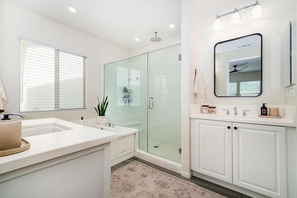 Bathroom, Dual Sink Vanities, Glass Shower, Interior, Recessed Lighting