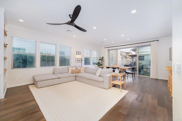 Dining room, Interior, Living room, Recessed Lighting, Wood Texture Flooring