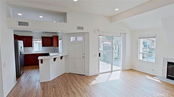Fireplace, Interior, Kitchen, Recessed Lighting, Wood Texture Flooring