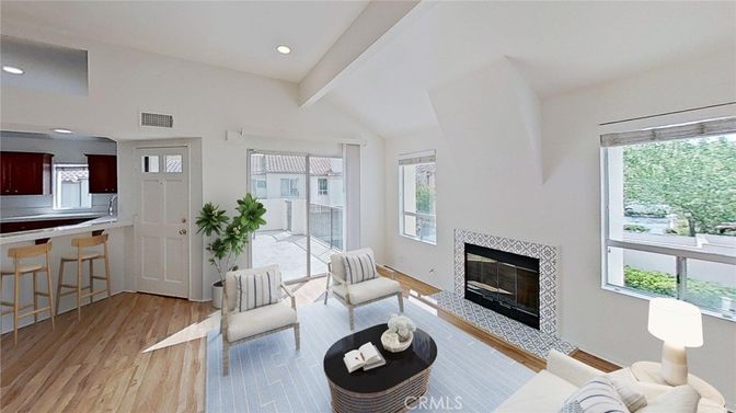 Fireplace, Interior, Kitchen, Living room, Recessed Lighting, Wood Texture Flooring