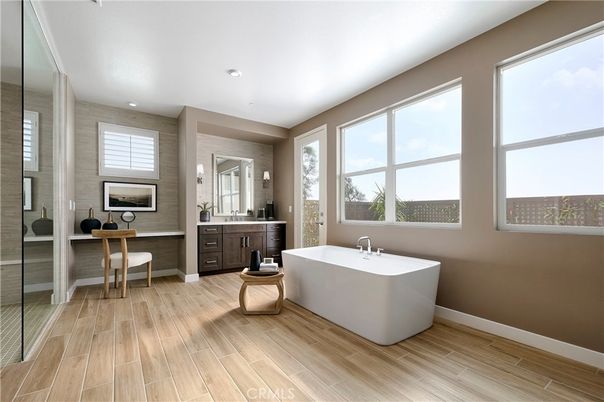 Bathroom, Free Standing Baths, Interior, Recessed Lighting, Wood Texture Flooring