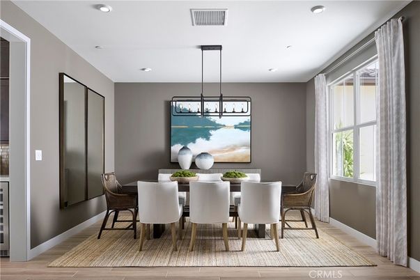 Dining room, Interior, Pendant Lights, Recessed Lighting, Wood Texture Flooring