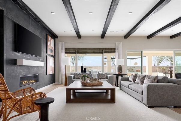 Fireplace, Interior, Living room, Recessed Lighting, Wooden Beams