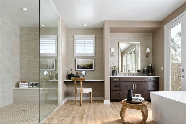 Bathroom, Glass Shower, Interior, Recessed Lighting, Wood Texture Flooring