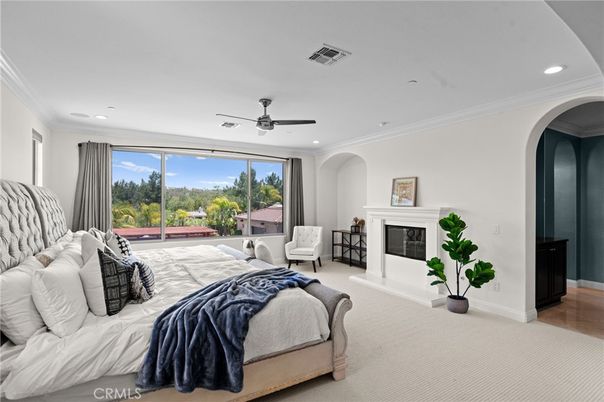 Bedroom, Fireplace, Interior, Recessed Lighting, Wood Texture Flooring