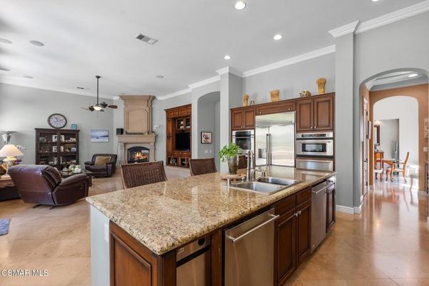 Dining room, Fireplace, Interior, Kitchen, Living room, Recessed Lighting, Stainless Steel Appliances