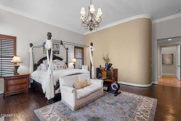 Bedroom, Chandelier, Interior, Recessed Lighting, Wood Texture Flooring