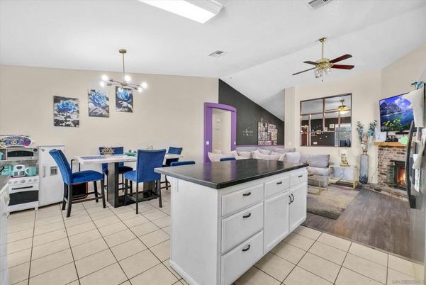 Dining room, Fireplace, Interior, Kitchen, Living room, Pendant Lights, Wood Texture Flooring