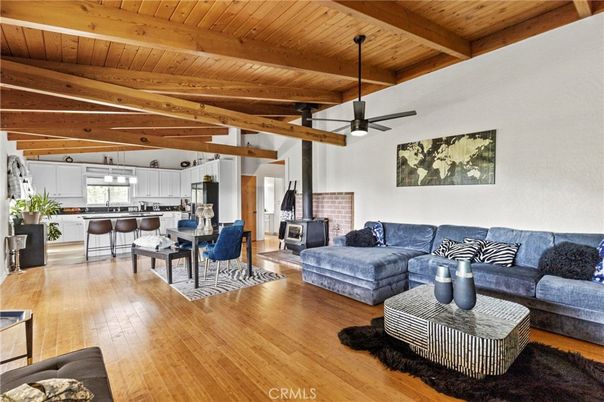 Dining room, Fireplace, Interior, Kitchen, Living room, Pendant Lights, Wooden Beams, Wooden Ceilings, Wood Texture Flooring