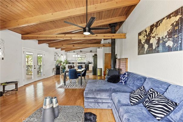 Dining room, Interior, Kitchen, Living room, Pendant Lights, Stainless Steel Appliances, Wooden Beams, Wooden Ceilings, Wood Texture Flooring